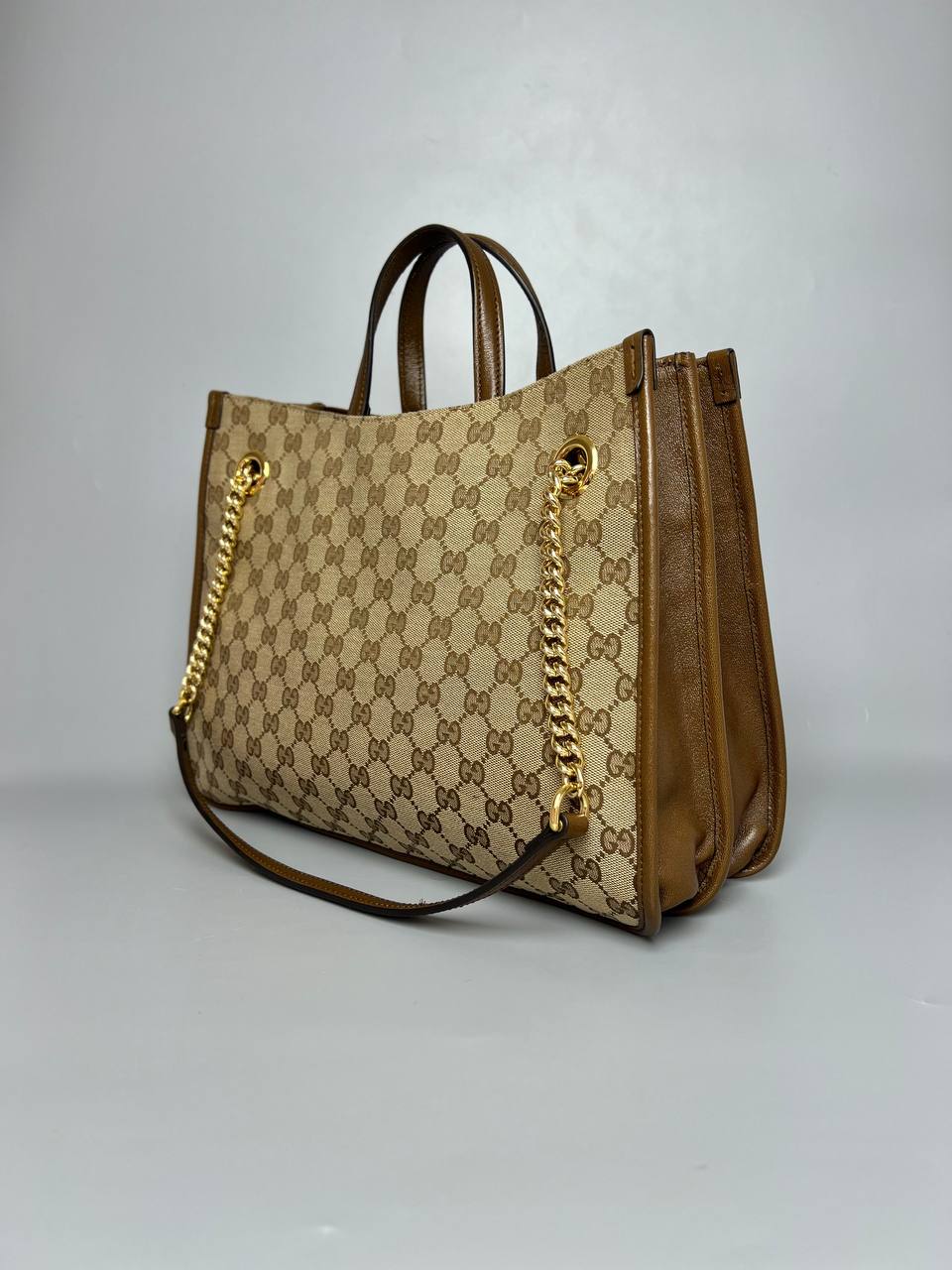 Full Set As New GUCCI Brown GG Canvas And Chain Leather Horsebit Tote Bag For women