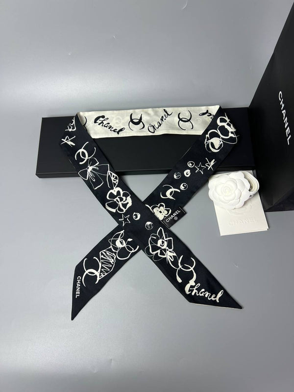 CHANEL Silk Neckband Black White Ribbon Twilly