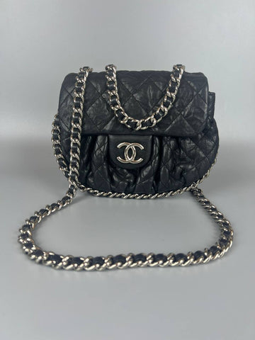 CHANEL Black Aged Lambskin Chain Around Flap Bag