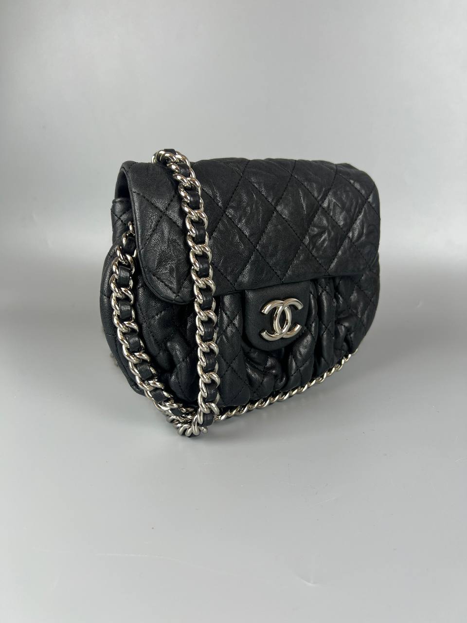 CHANEL Black Aged Lambskin Chain Around Flap Bag