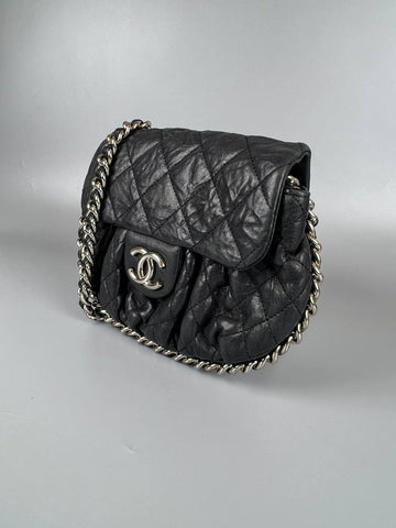 CHANEL Black Aged Lambskin Chain Around Flap Bag