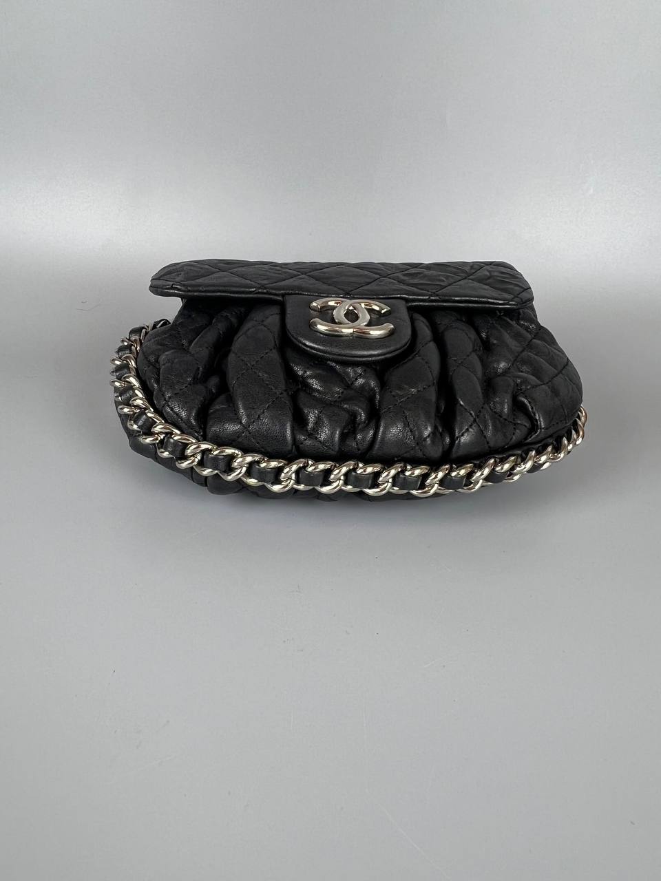 CHANEL Black Aged Lambskin Chain Around Flap Bag