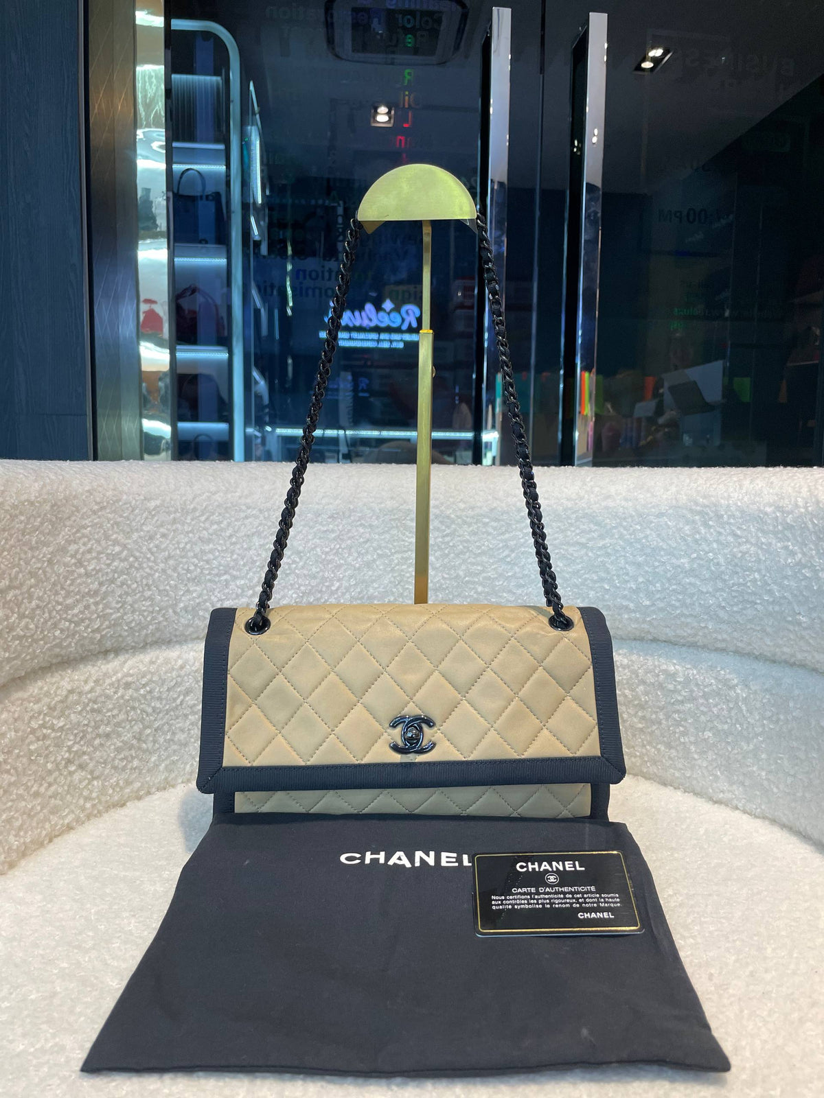 CHANEL Two Tone Flap Bag Quilted Lambskin with Grosgrain Medium