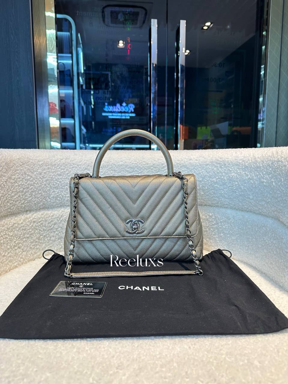 CHANEL Metallic Caviar Chevron Quilted Medium Coco Handle Flap Bag