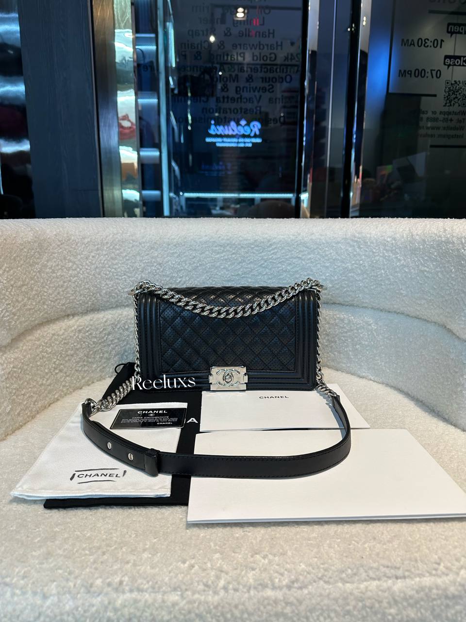 CHANEL Boy Perforated Quilted Lambskin Leboy Black SHW Flap Slingbag