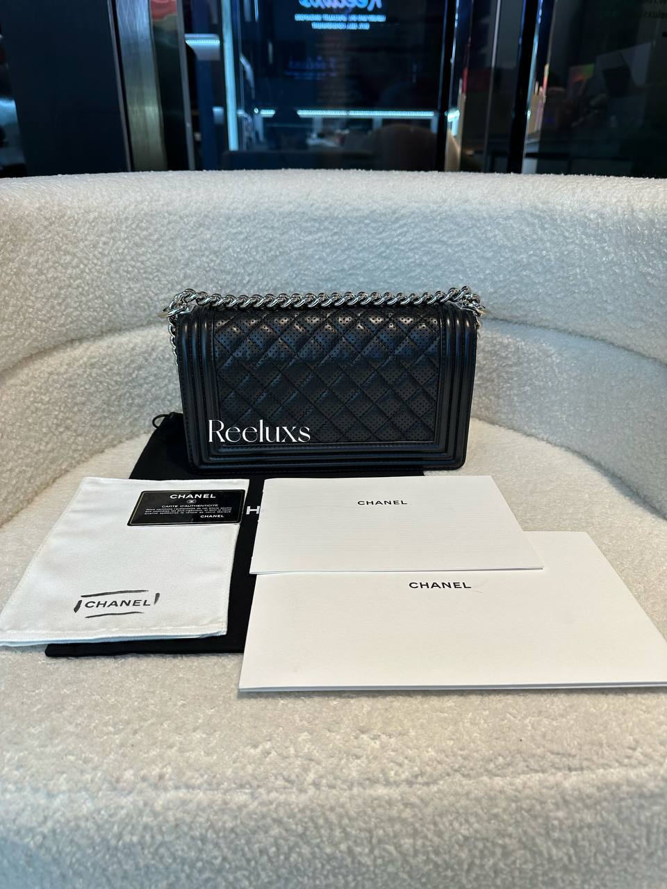 CHANEL Boy Perforated Quilted Lambskin Leboy Black SHW Flap Slingbag