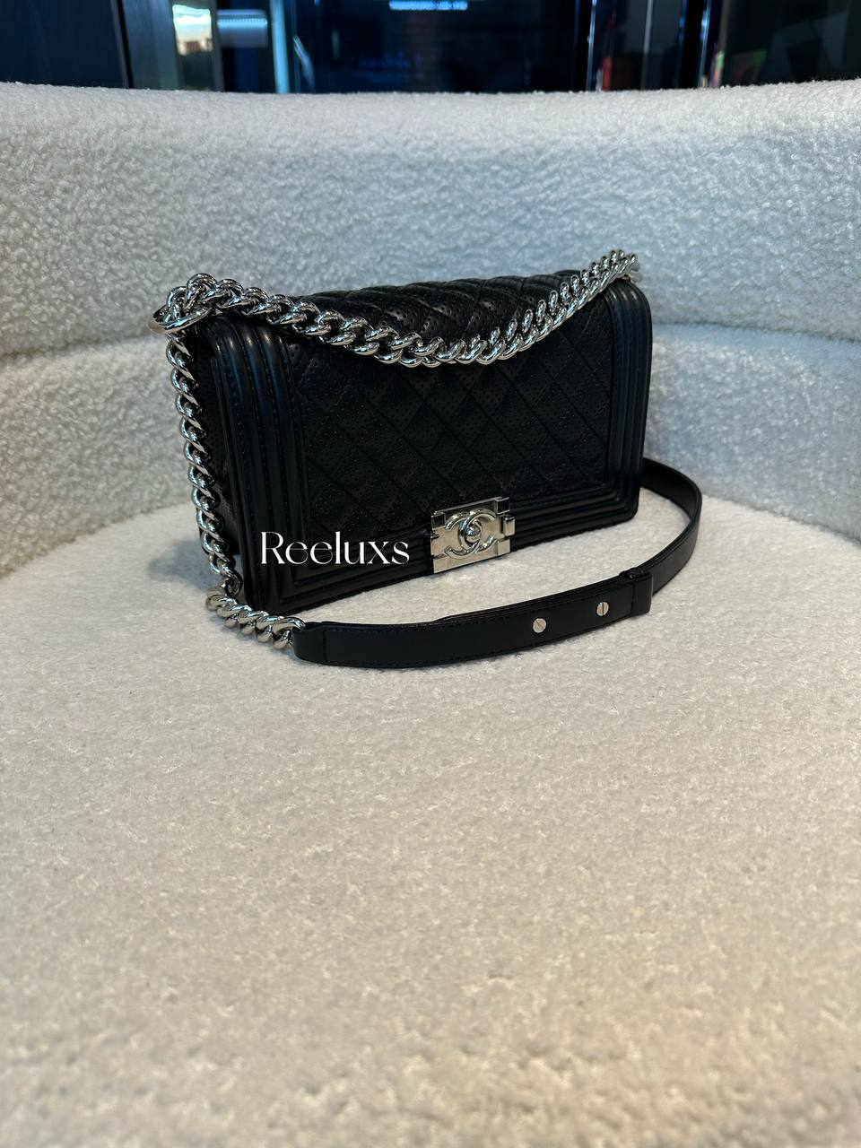 CHANEL Boy Perforated Quilted Lambskin Leboy Black SHW Flap Slingbag