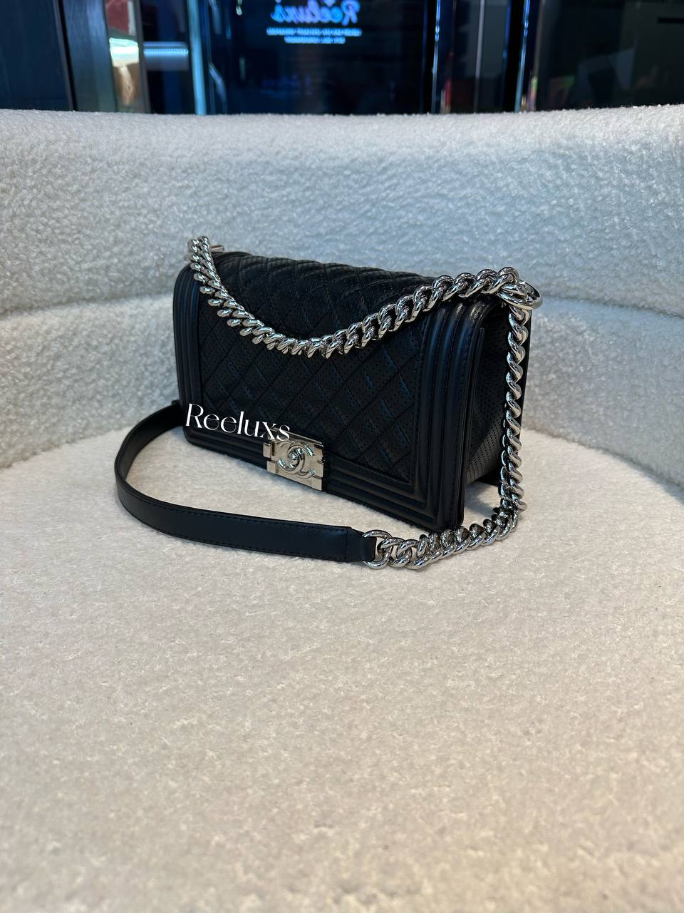 CHANEL Boy Perforated Quilted Lambskin Leboy Black SHW Flap Slingbag