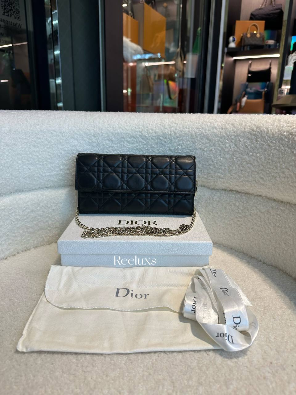 FullSet CHRISTIAN DIOR Lady Dior Cannage Lambskin Wallet On Chain in Black-WOC