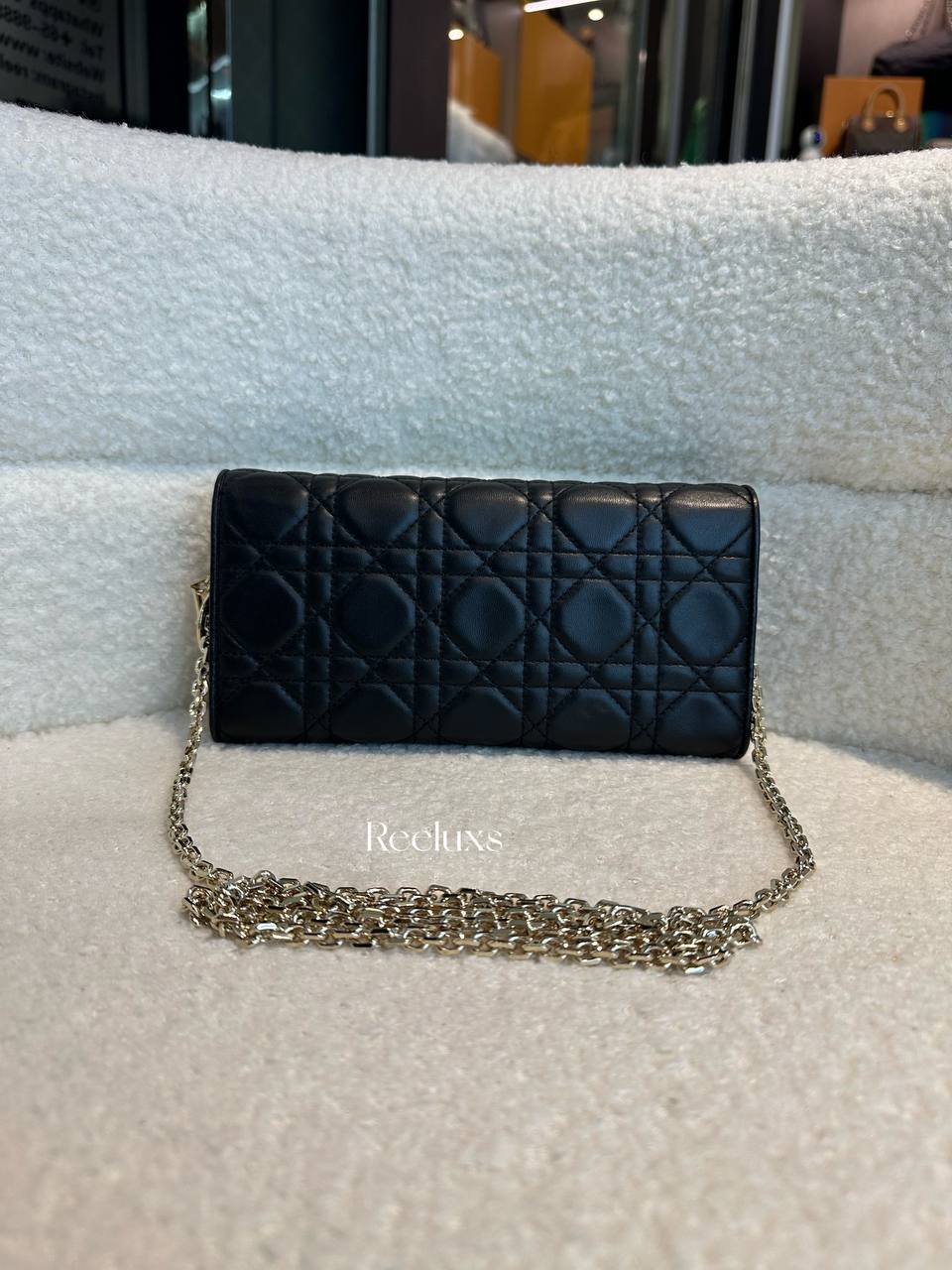 FullSet CHRISTIAN DIOR Lady Dior Cannage Lambskin Wallet On Chain in Black-WOC