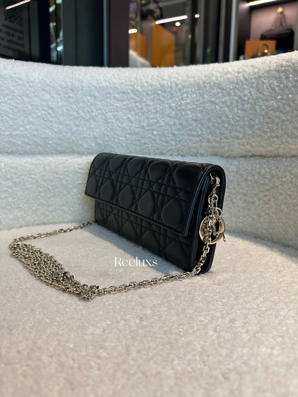 FullSet CHRISTIAN DIOR Lady Dior Cannage Lambskin Wallet On Chain in Black-WOC