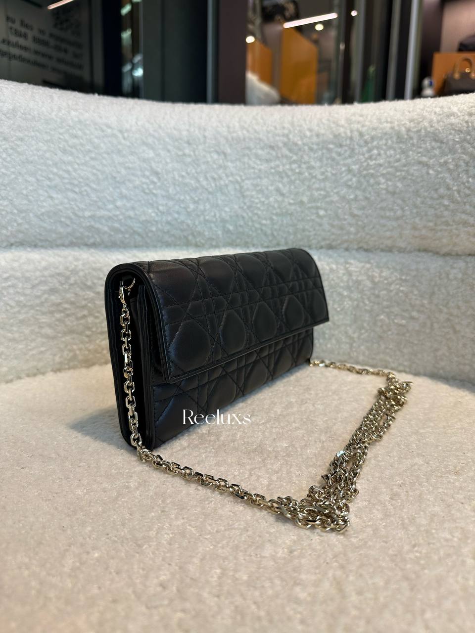 FullSet CHRISTIAN DIOR Lady Dior Cannage Lambskin Wallet On Chain in Black-WOC