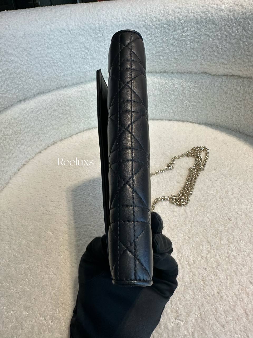 FullSet CHRISTIAN DIOR Lady Dior Cannage Lambskin Wallet On Chain in Black-WOC