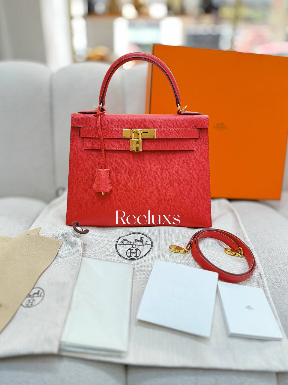 FullSet HERMES Kelly 28 Sellier Rouge Casaque Epsom Gold Hardware Handbag