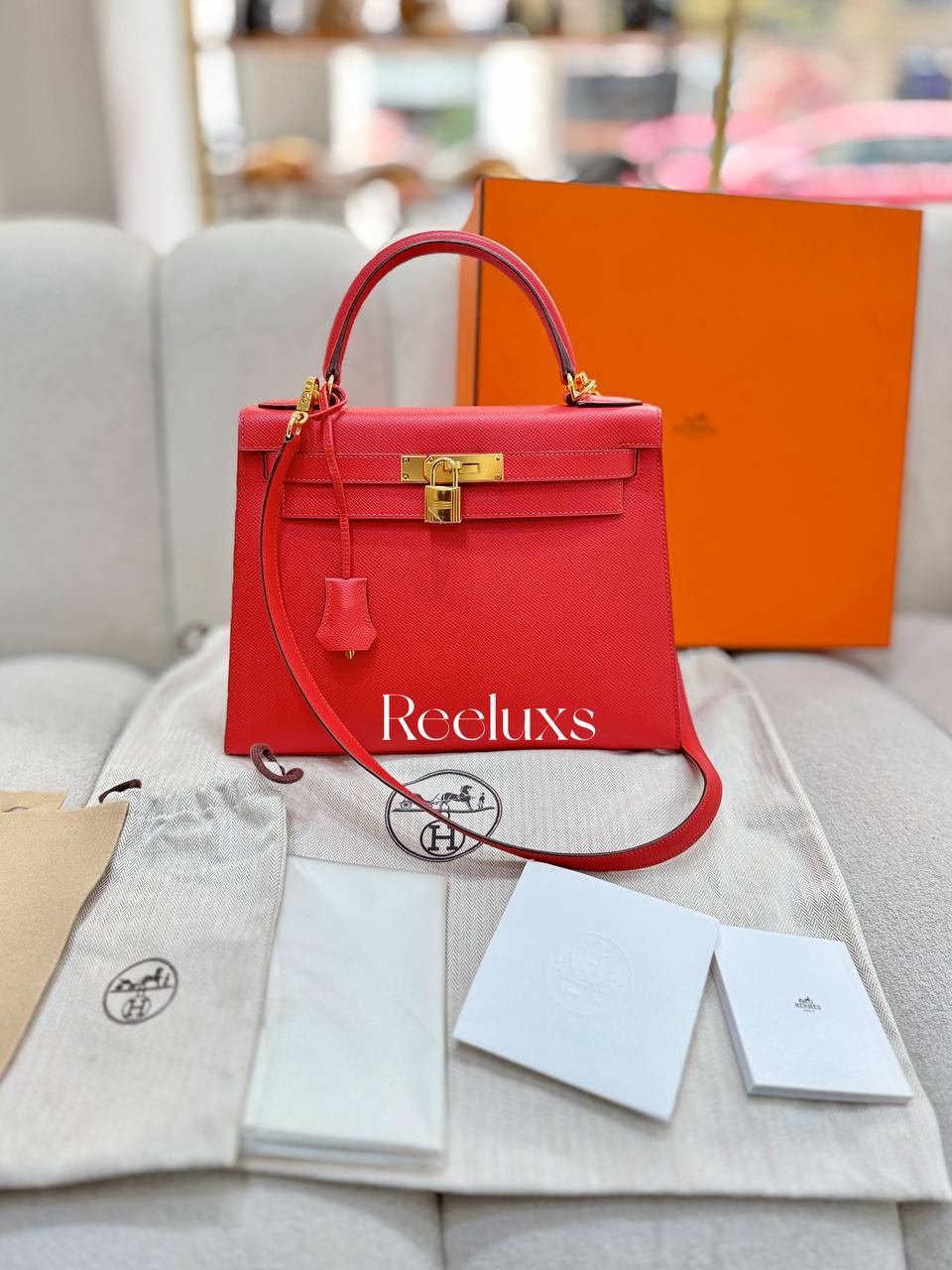 FullSet HERMES Kelly 28 Sellier Rouge Casaque Epsom Gold Hardware Handbag