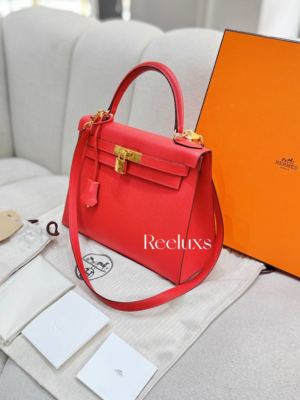 FullSet HERMES Kelly 28 Sellier Rouge Casaque Epsom Gold Hardware Handbag