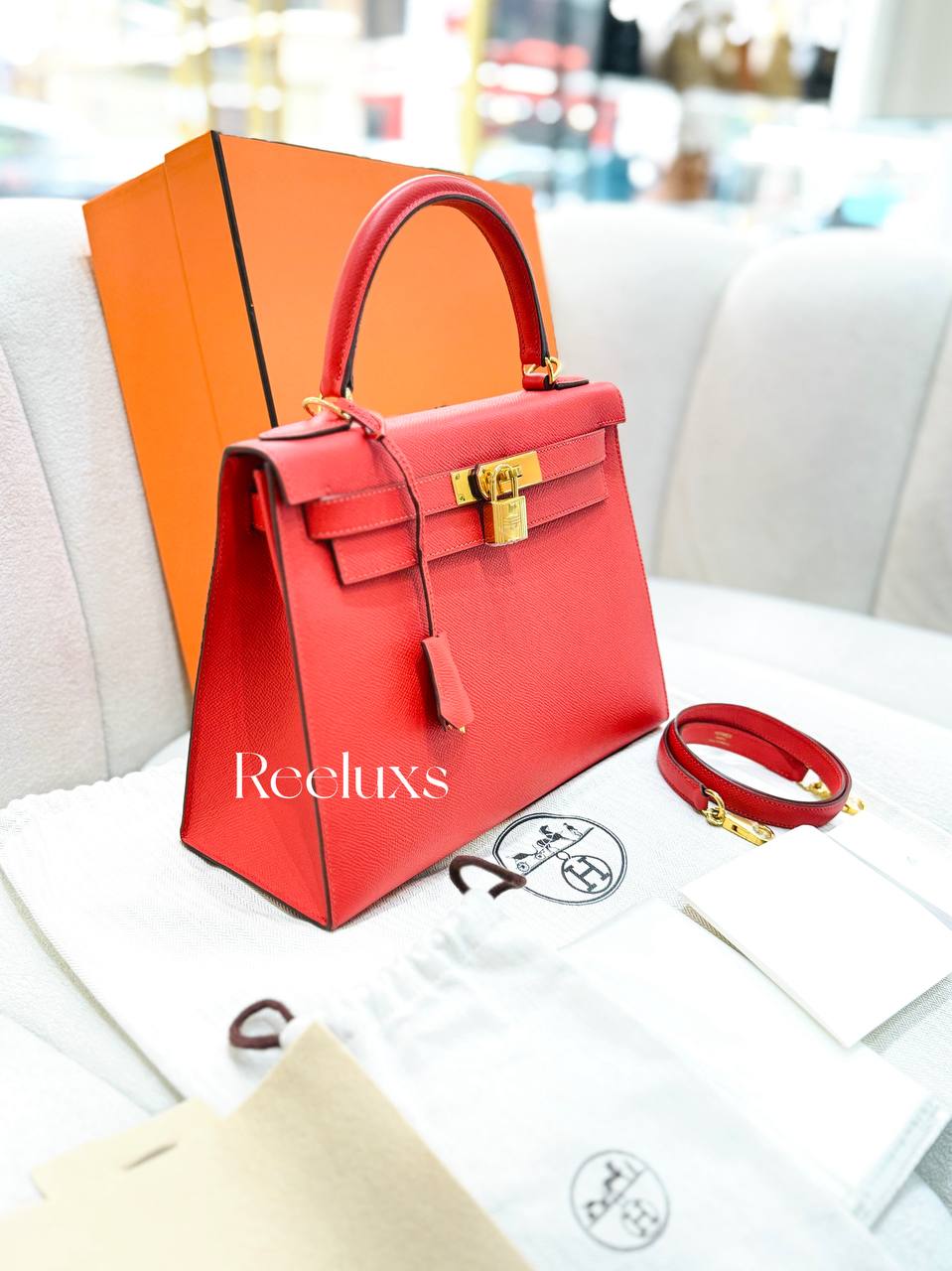FullSet HERMES Kelly 28 Sellier Rouge Casaque Epsom Gold Hardware Handbag