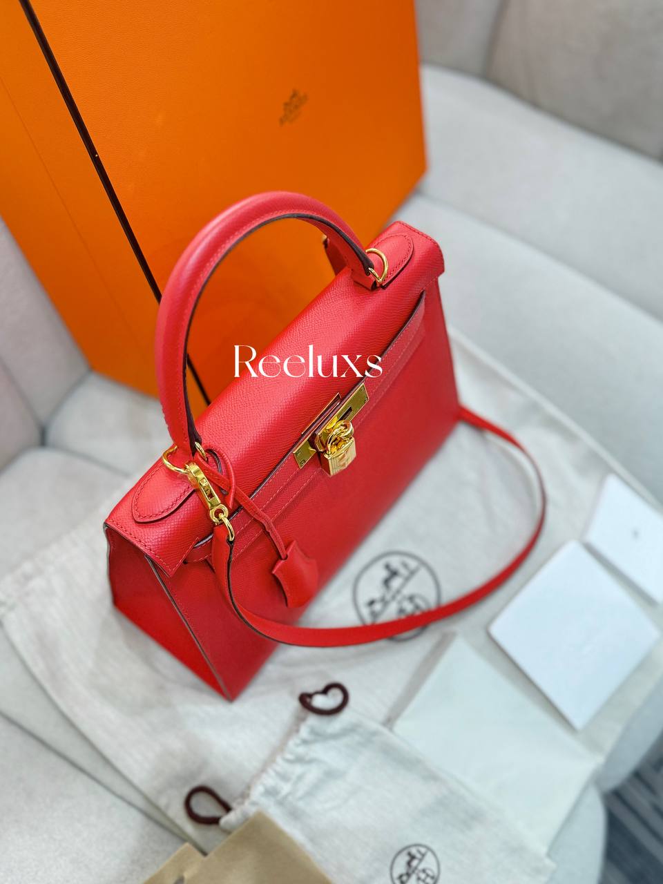 FullSet HERMES Kelly 28 Sellier Rouge Casaque Epsom Gold Hardware Handbag
