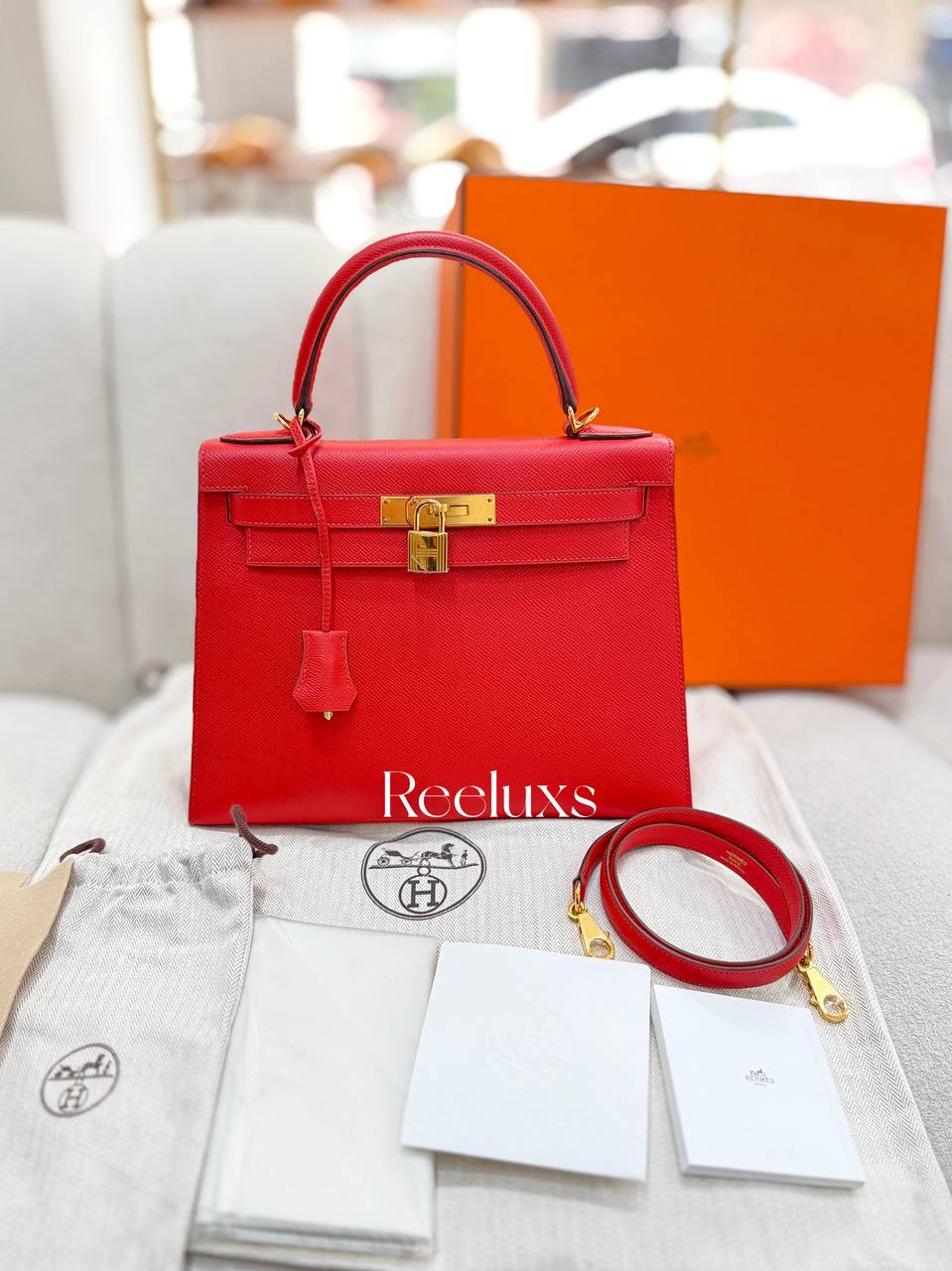 FullSet HERMES Kelly 28 Sellier Rouge Casaque Epsom Gold Hardware Handbag