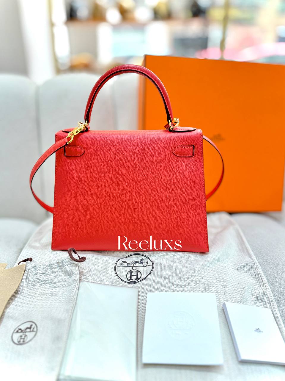 FullSet HERMES Kelly 28 Sellier Rouge Casaque Epsom Gold Hardware Handbag
