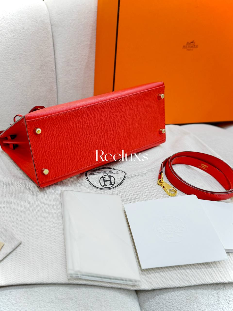 FullSet HERMES Kelly 28 Sellier Rouge Casaque Epsom Gold Hardware Handbag
