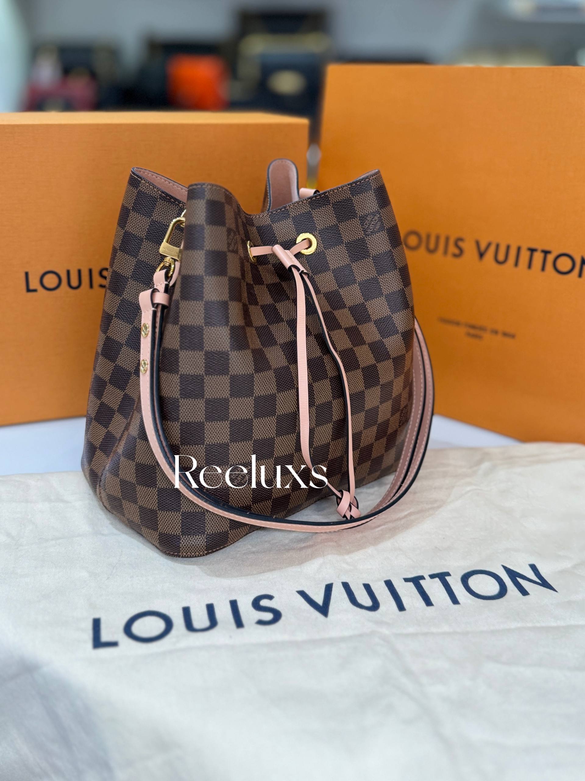 FullSet LOUIS VUITTON LV NeoNoe MM Bucket Bag In Damier Ebene Canvas Shoulder Bag