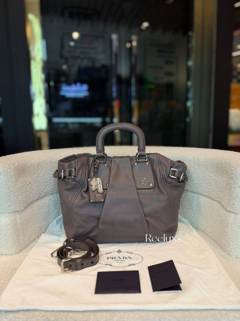PRADA Bambu Soft Calfskin Leather 2-Way Tote / Handle Bag