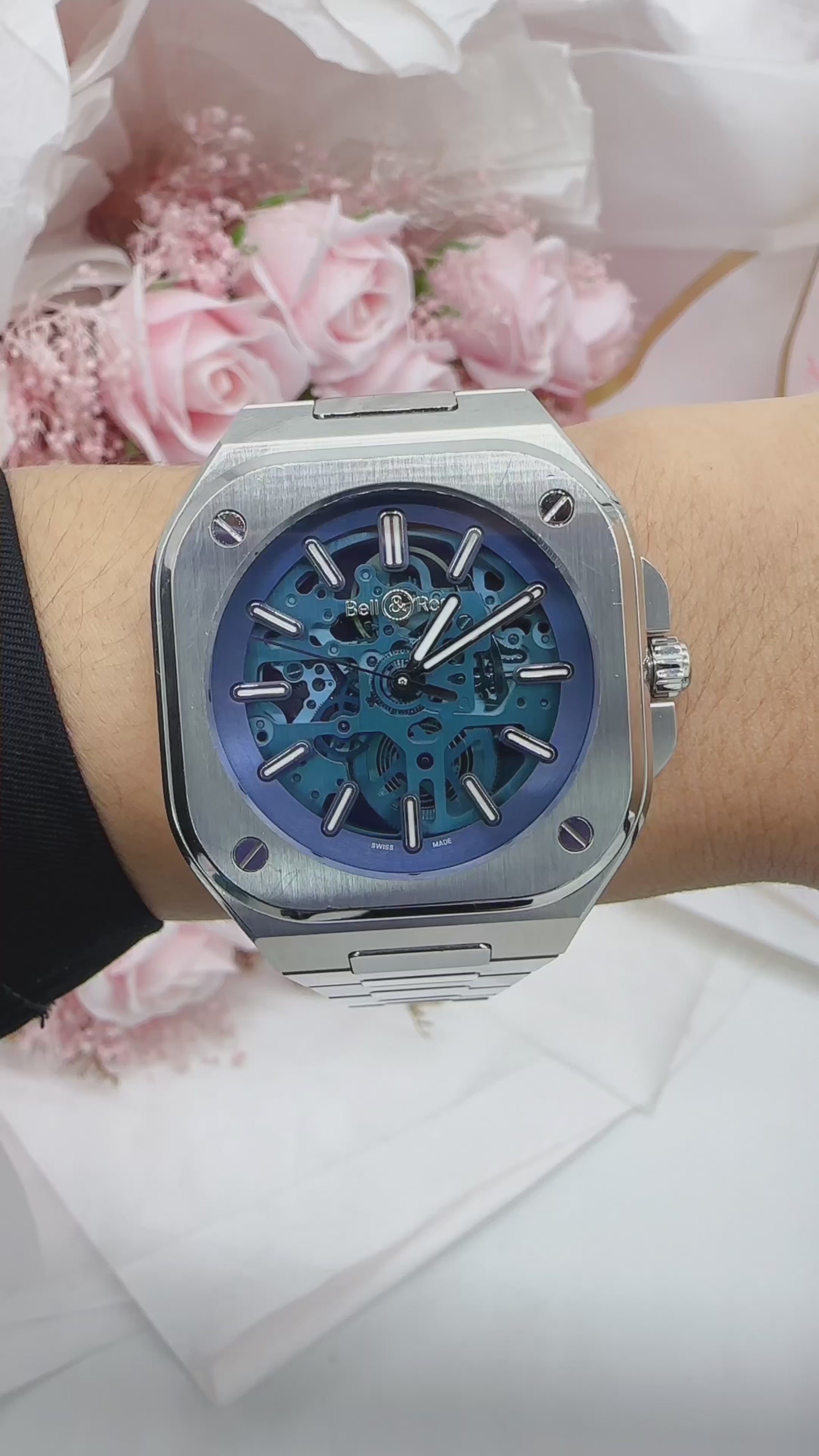 BELL &amp; ROSS 40mm Skeleton Men’s Watch Stainless Steel(Ref.BR05A-BLU-SKST/SST)