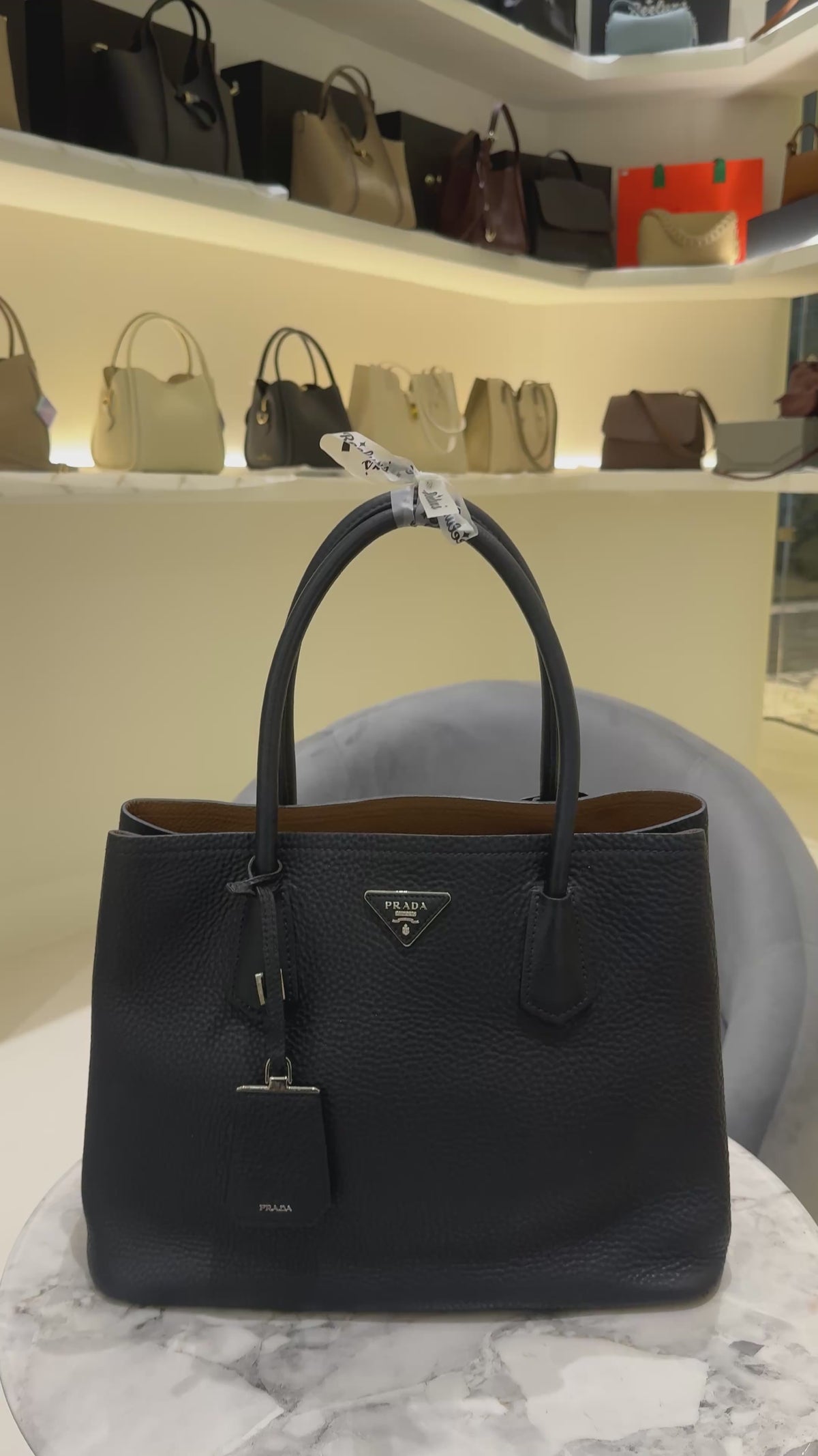 PRADA Black Vitello Daino Leather Double Handle Tote Bag