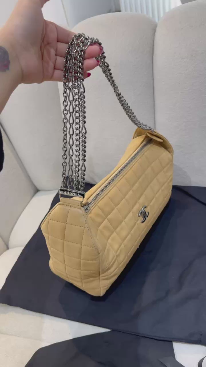 CHANEL Beige  Chocolate Bar Leather Multiple Chain Baguette Bag