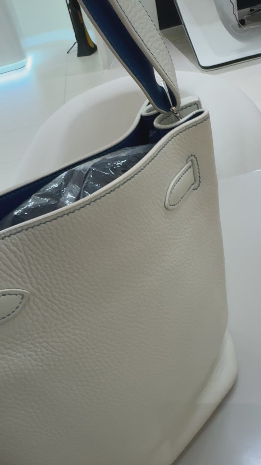 HERMES A Limited Edition White & Mykonos Clémence Leather So Kelly Éclat 26 With Palladium Hardware
