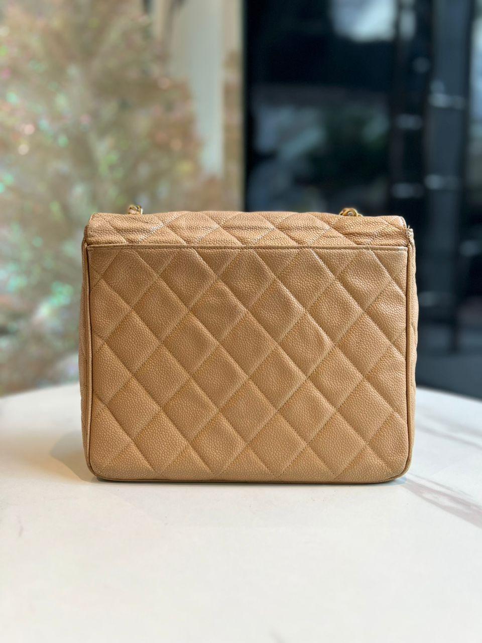 Chanel Vintage Beige Quilted Caviar Leather Shoulder Flap Bag Large CC Logo - Reeluxs 