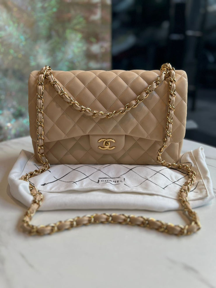Chanel Nude Double Flap Classic Jumbo Shoulder Bag GHW  Reeluxs Luxury