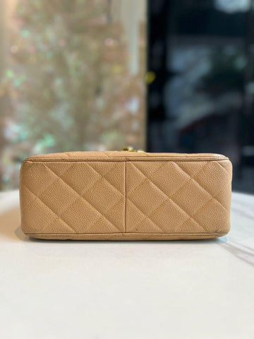 Chanel Vintage Beige Quilted Caviar Leather Shoulder Flap Bag Large CC Logo - Reeluxs 