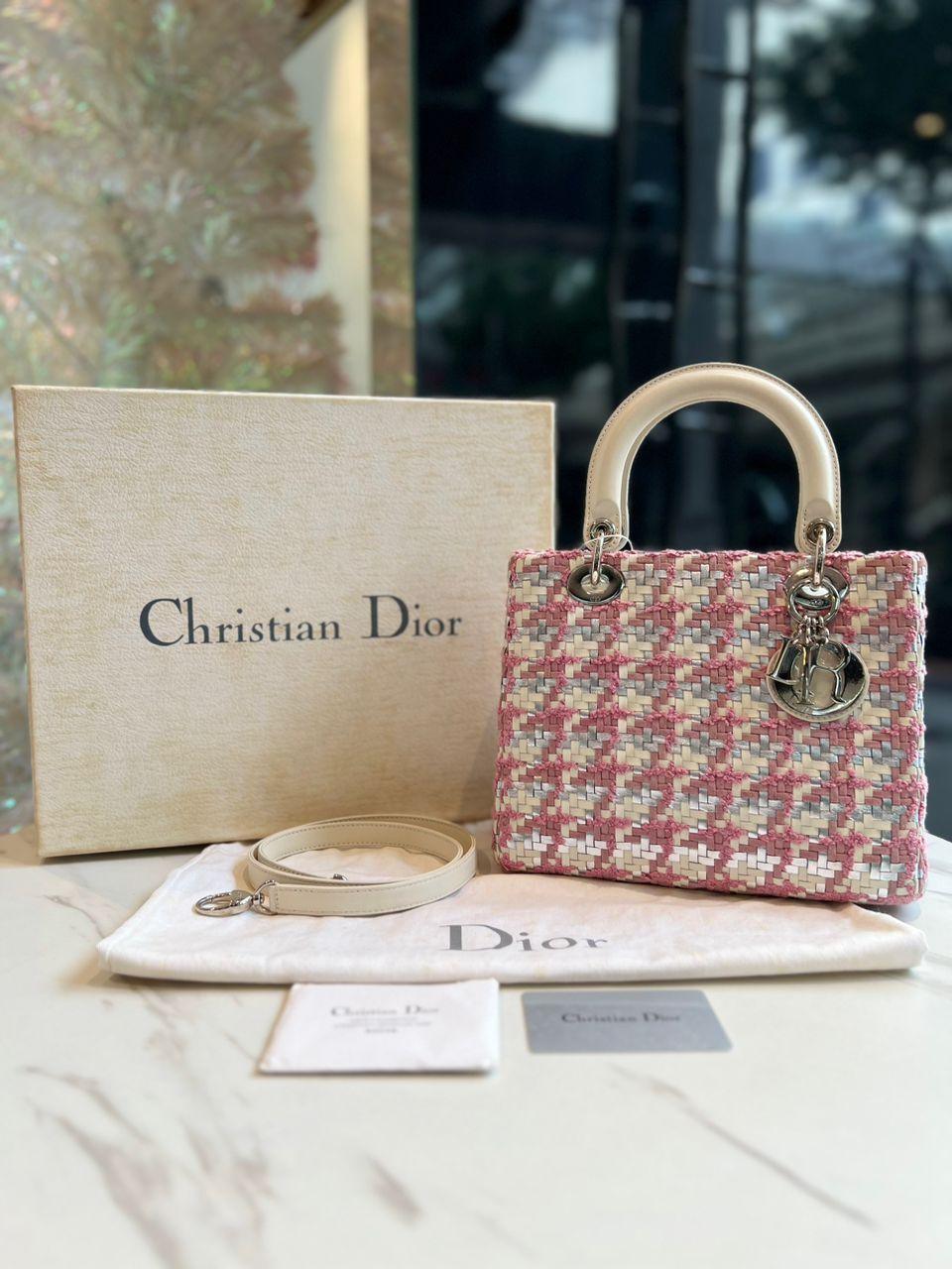 CHRISTIAN DIOR Lady Dior Handbag Woven Leather with Tweed Medium - Reeluxs 