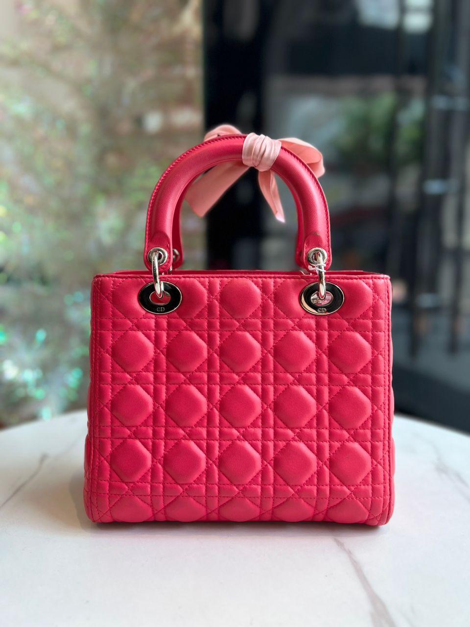 CHRISTIAN DIOR Pink Cannage Quilted Lambskin Leather Medium Lady Dior Bag - Reeluxs 