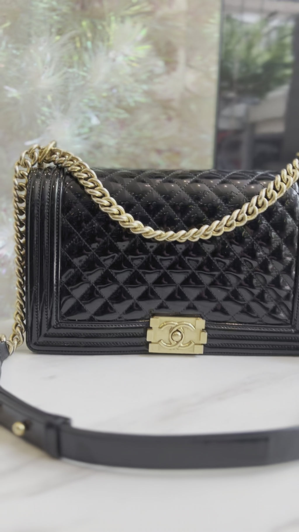 CHANEL Black Quilted Patent Leather New Medium Boy Flap Bag