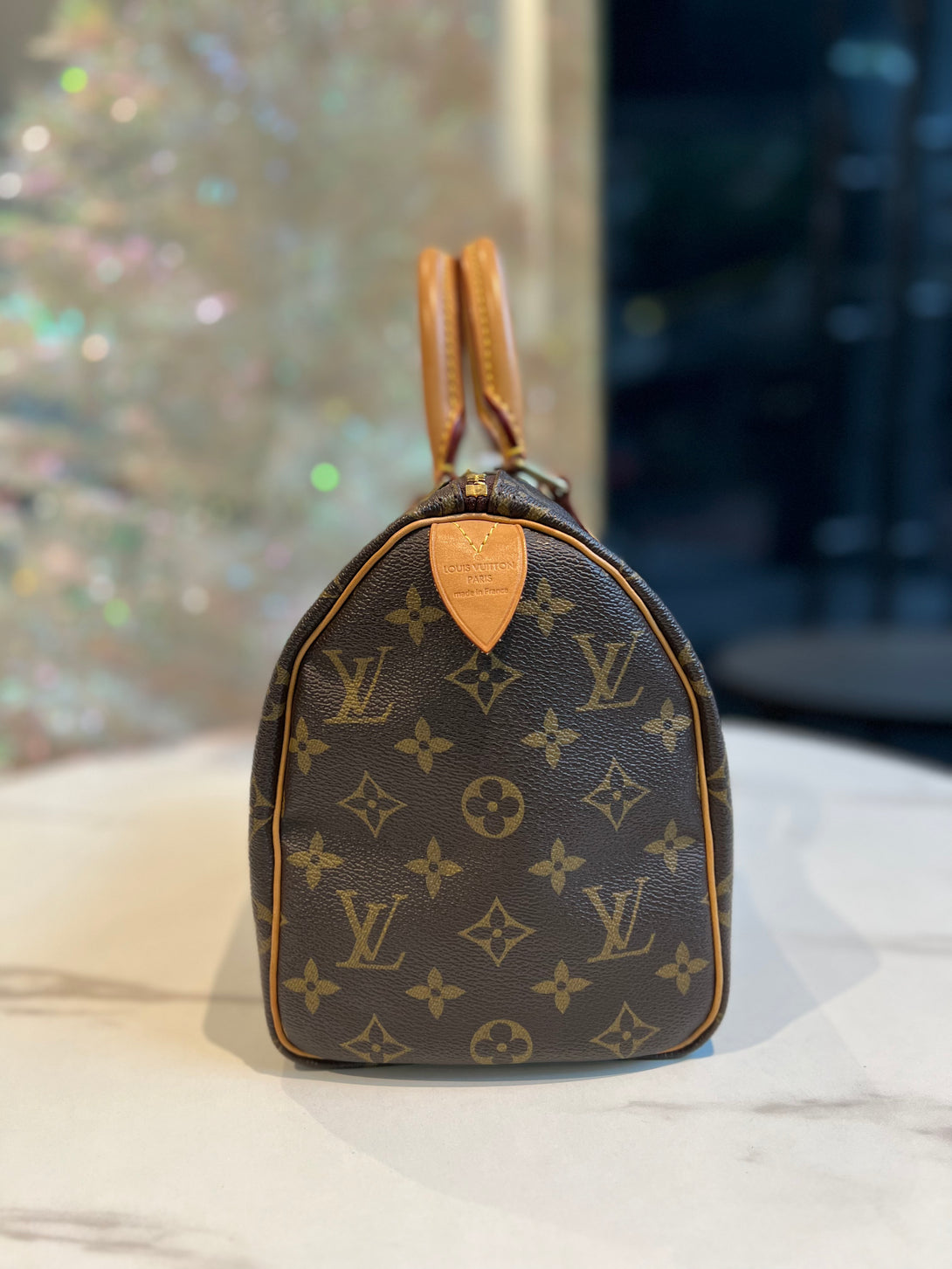 LOUIS VUITTON Speedy 25 Monogram Canvas Navy Blue & White Lady Handbag - Reeluxs 