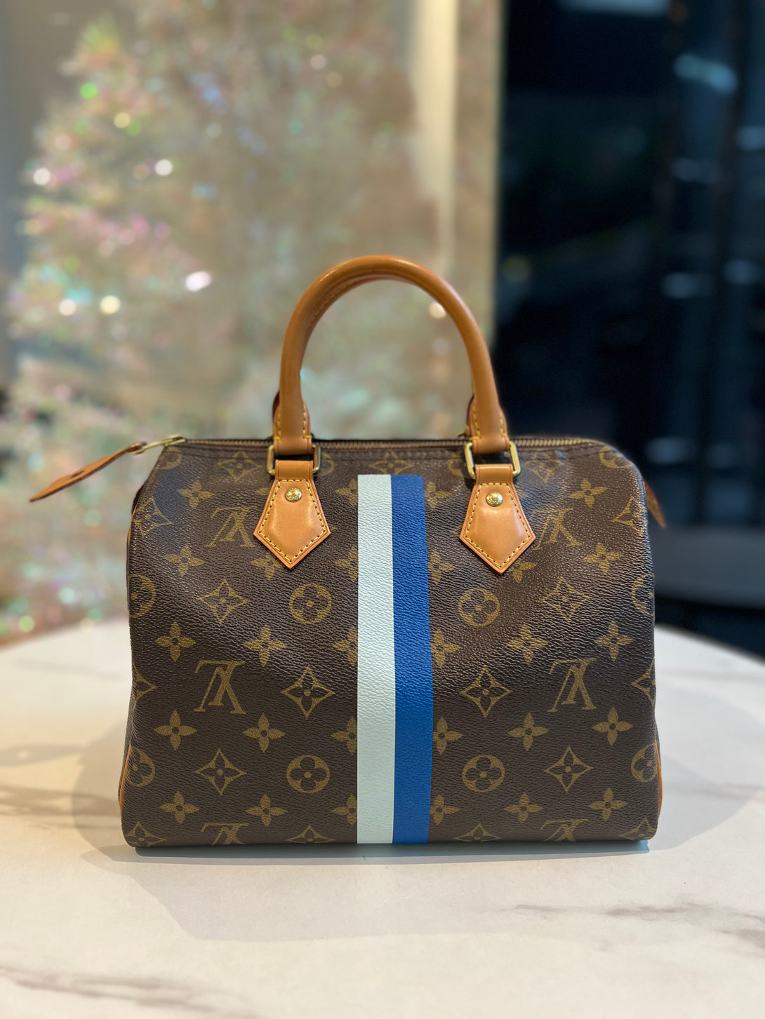 LOUIS VUITTON Speedy 25 Monogram Canvas Navy Blue & White Lady Handbag - Reeluxs 